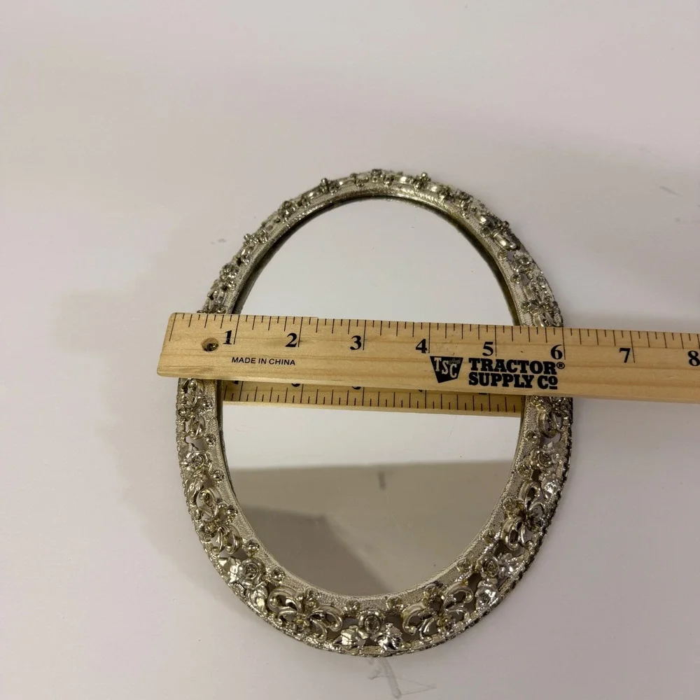 Vintage Ornate Oval Vanity Mirror Cast Metal Floral Filigree Hollywood Regency